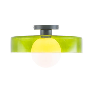 Scandinavian Lime Green Glass Round Drum Semi Flush Mount