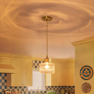 Scandinavian 1-Light Fluted Glass Round Drum Kitchen Pendant