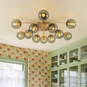 Art Deco Bloom Olive Green Glass Bubble Semi Flush Chandelier