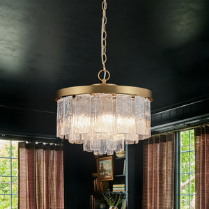 Tiered Water Ribbed Glass Round Semi Flush Chandelier