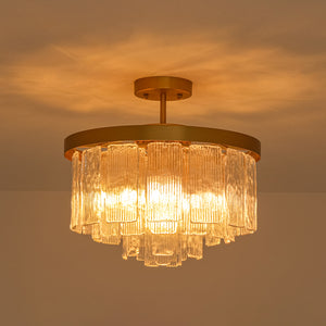 Tiered Water Ribbed Glass Round Semi Flush Chandelier