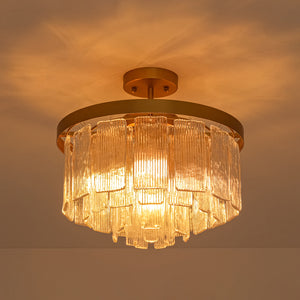 Tiered Water Ribbed Glass Round Semi Flush Chandelier