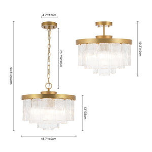 Tiered Water Ribbed Glass Round Semi Flush Chandelier