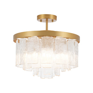 Tiered Water Ribbed Glass Round Semi Flush Chandelier