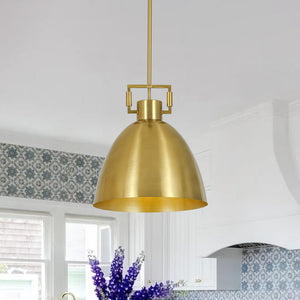 Vintage 1-Light Aged Brass Metal Bell Dome Pendant