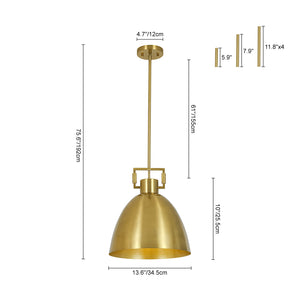 Vintage 1-Light Aged Brass Metal Bell Dome Pendant
