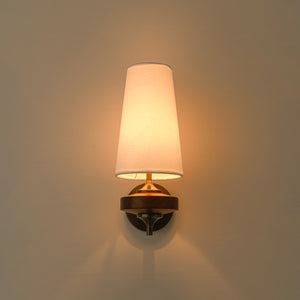 Vintage 1-Light Walnut Accented Fabric Conical Vanity Wall Sconce