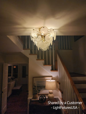 Brass Tiered Opal Swirl Glass Semi Flush Chandelier
