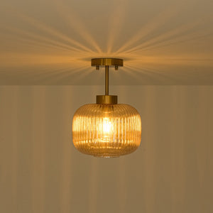 LightFixturesUSA-1-Light Amber Ribbed Glass Round Semi Flush Mount-Ceiling Light-Amber Glass-