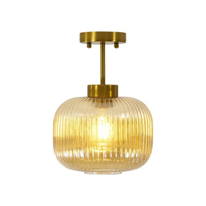 LightFixturesUSA-1-Light Amber Ribbed Glass Round Semi Flush Mount-Ceiling Light-Amber Glass-