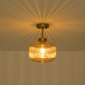 LightFixturesUSA-1-Light Amber Ribbed Glass Round Semi Flush Mount-Ceiling Light-Amber Glass-