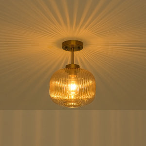 LightFixturesUSA-1-Light Amber Ribbed Glass Round Semi Flush Mount-Ceiling Light-Amber Glass-