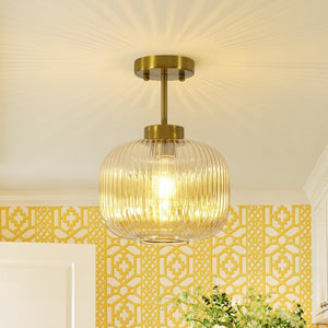 LightFixturesUSA-1-Light Amber Ribbed Glass Round Semi Flush Mount-Ceiling Light-Amber Glass-