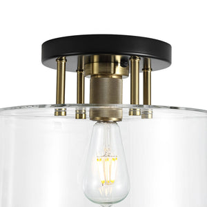 LightFixturesUSA - 1 - Light Black Brass Clear Glass Drum Semi Flush Mount - Ceiling Light - 11.8 in - 