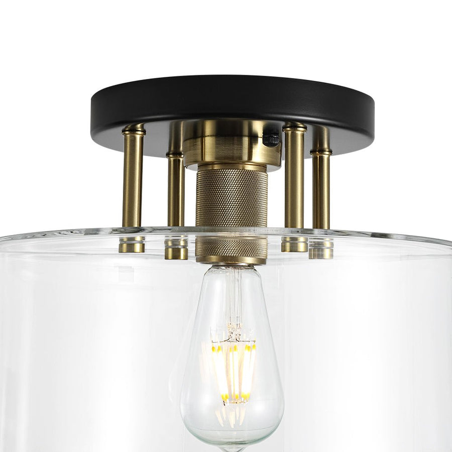 LightFixturesUSA - 1 - Light Black Brass Clear Glass Drum Semi Flush Mount - Ceiling Light - 11.8 in - 