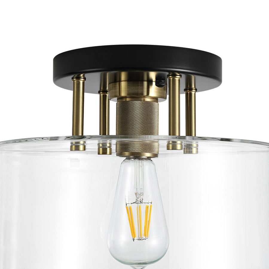 LightFixturesUSA - 1 - Light Black Brass Clear Glass Drum Semi Flush Mount - Ceiling Light - 11.8 in - 