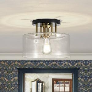 LightFixturesUSA - 1 - Light Black Brass Clear Glass Drum Semi Flush Mount - Ceiling Light - 11.8 in - 