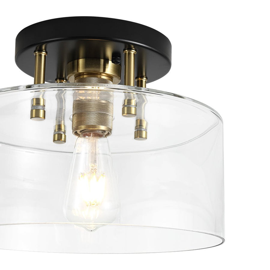 LightFixturesUSA - 1 - Light Black Brass Clear Glass Drum Semi Flush Mount - Ceiling Light - 11.8 in - 