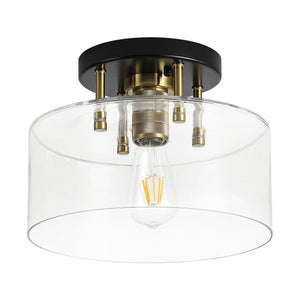 LightFixturesUSA - 1 - Light Black Brass Clear Glass Drum Semi Flush Mount - Ceiling Light - 11.8 in - 