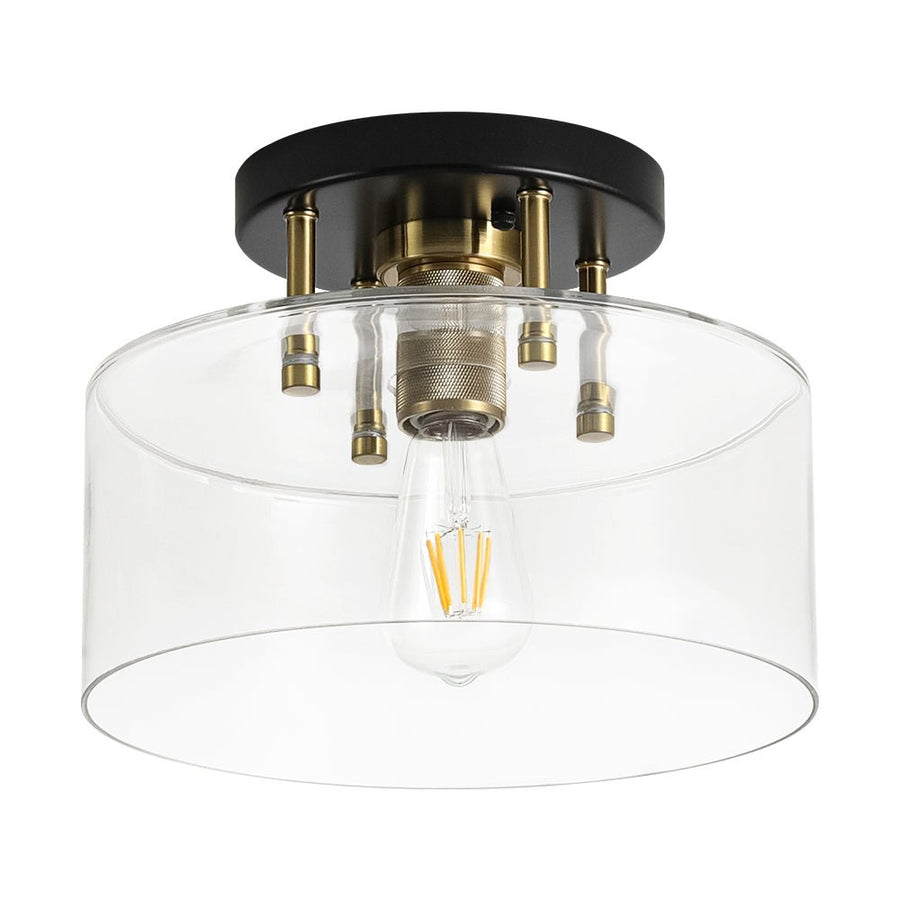LightFixturesUSA - 1 - Light Black Brass Clear Glass Drum Semi Flush Mount - Ceiling Light - 11.8 in - 