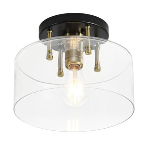 LightFixturesUSA - 1 - Light Black Brass Clear Glass Drum Semi Flush Mount - Ceiling Light - 11.8 in - 