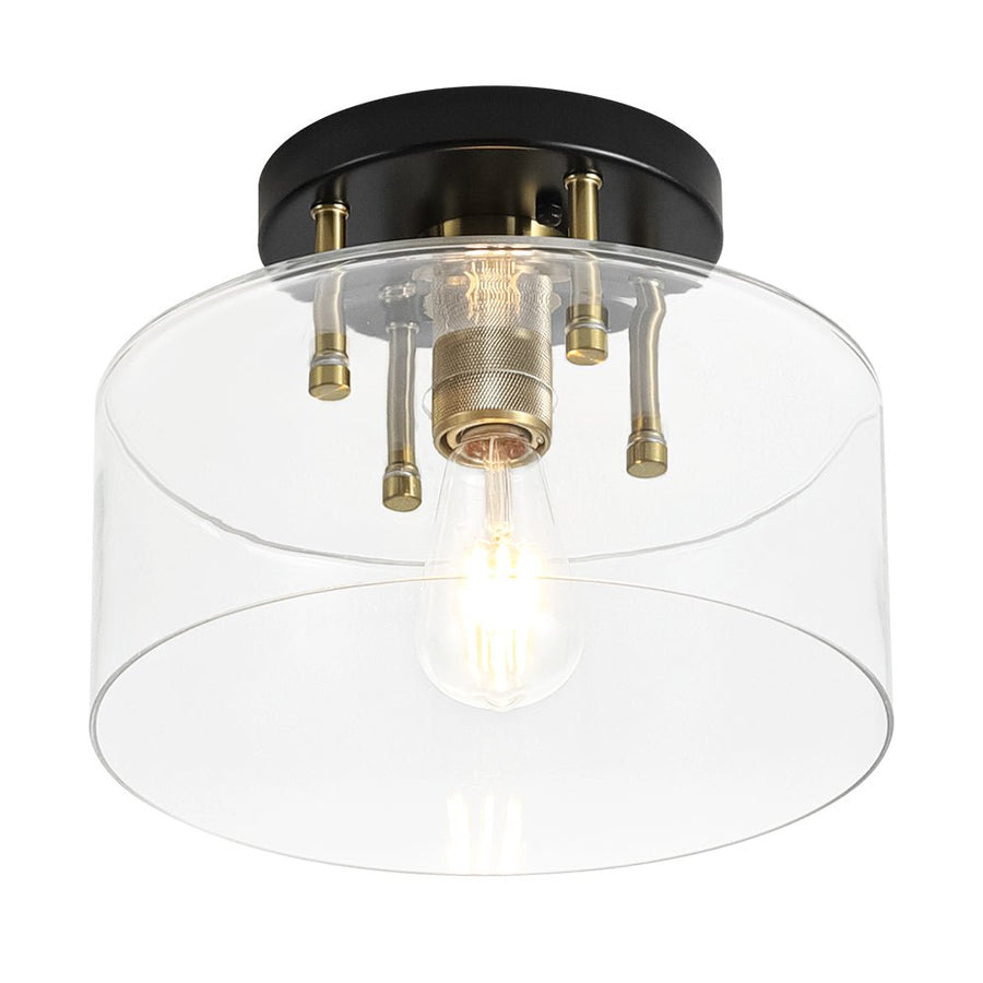 LightFixturesUSA - 1 - Light Black Brass Clear Glass Drum Semi Flush Mount - Ceiling Light - 11.8 in - 
