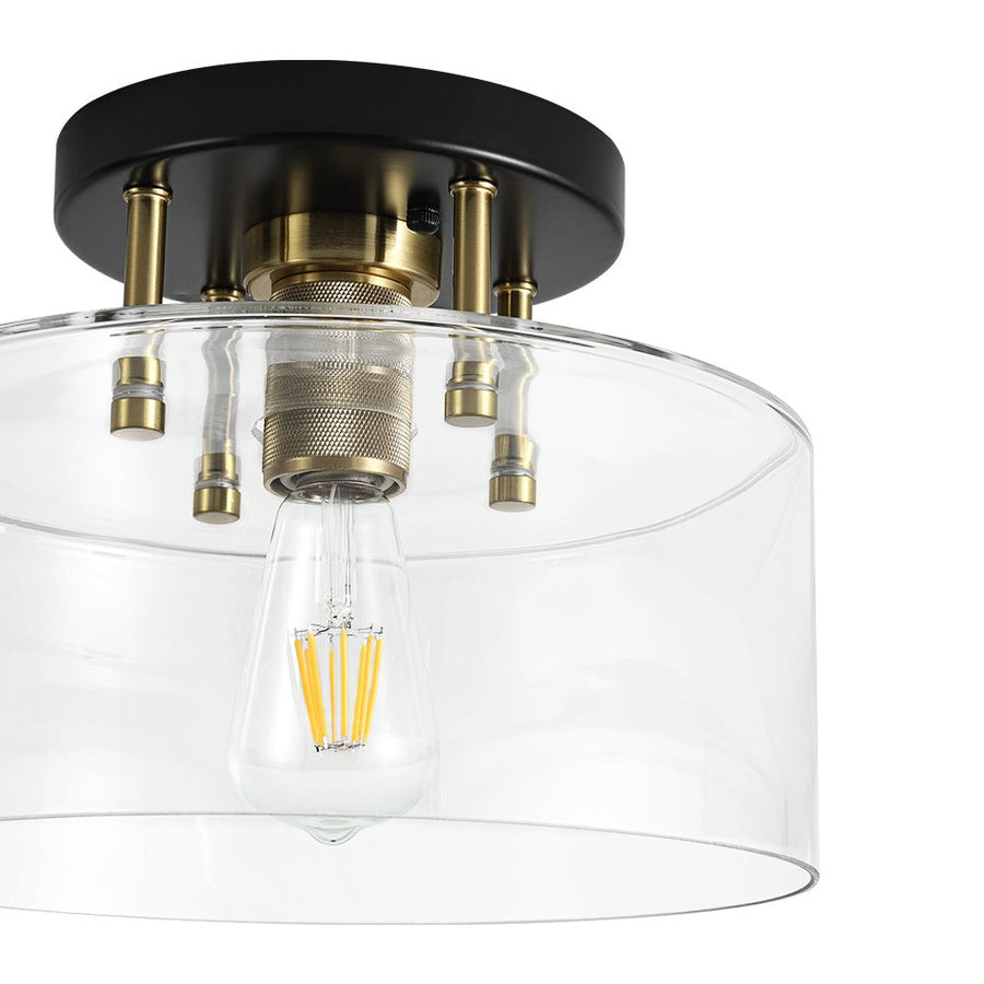 LightFixturesUSA - 1 - Light Black Brass Clear Glass Drum Semi Flush Mount - Ceiling Light - 11.8 in - 