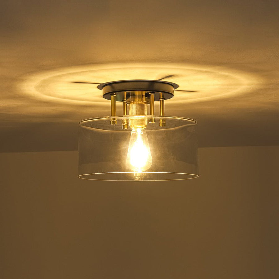 LightFixturesUSA - 1 - Light Black Brass Clear Glass Drum Semi Flush Mount - Ceiling Light - 11.8 in - 