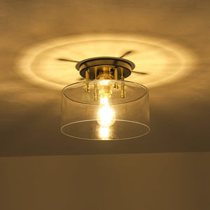 LightFixturesUSA - 1 - Light Black Brass Clear Glass Drum Semi Flush Mount - Ceiling Light - 11.8 in - 