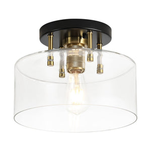 LightFixturesUSA - 1 - Light Black Brass Clear Glass Drum Semi Flush Mount - Ceiling Light - 11.8 in - 
