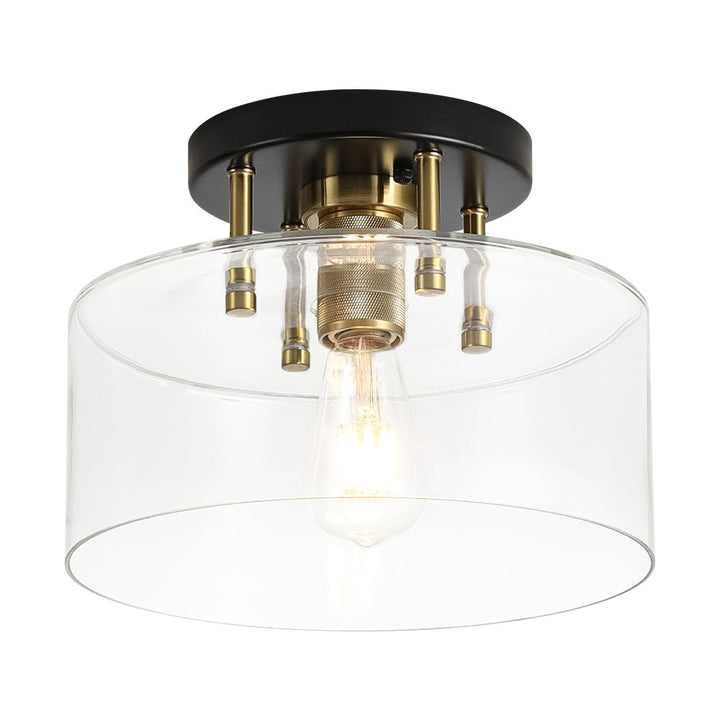LightFixturesUSA - 1 - Light Black Brass Clear Glass Drum Semi Flush Mount - Ceiling Light - 11.8 in - 