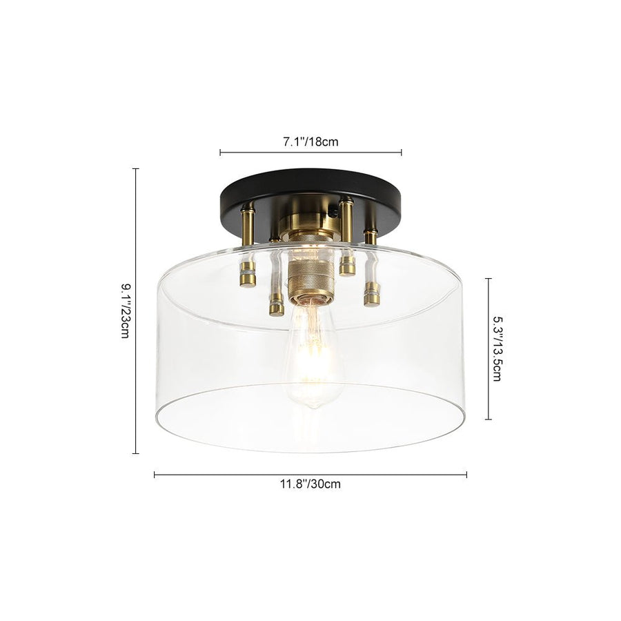 LightFixturesUSA - 1 - Light Black Brass Clear Glass Drum Semi Flush Mount - Ceiling Light - 11.8 in - 