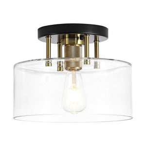 LightFixturesUSA - 1 - Light Black Brass Clear Glass Drum Semi Flush Mount - Ceiling Light - 11.8 in - 