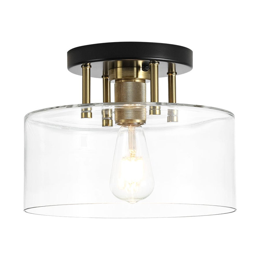 LightFixturesUSA - 1 - Light Black Brass Clear Glass Drum Semi Flush Mount - Ceiling Light - 11.8 in - 