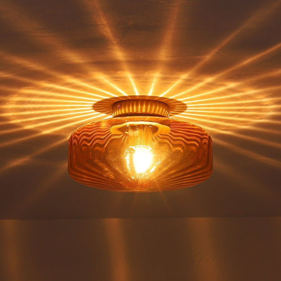 LightFixturesUSA - 1 - Light Caramel Amber Ribbed Glass Round Semi Flush Mount - Ceiling Light - 18.8 in. - 