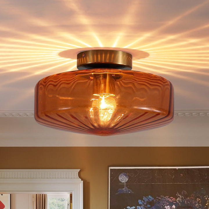 LightFixturesUSA - 1 - Light Caramel Amber Ribbed Glass Round Semi Flush Mount - Ceiling Light - 18.8 in. - 
