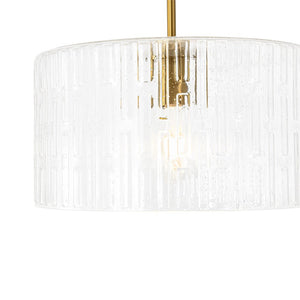 LightFixturesUSA - 1 - Light Clear Striped Glass Drum Semi Flush / Round Cage Pendant - Chandelier - Brass - 