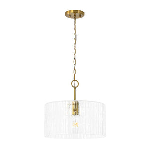 LightFixturesUSA - 1 - Light Clear Striped Glass Drum Semi Flush / Round Cage Pendant - Chandelier - Brass - 