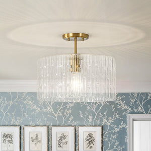 LightFixturesUSA - 1 - Light Clear Striped Glass Drum Semi Flush / Round Cage Pendant - Chandelier - Brass - 