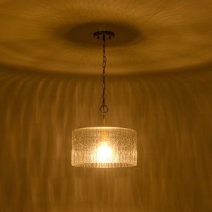 LightFixturesUSA - 1 - Light Clear Striped Glass Drum Semi Flush / Round Cage Pendant - Chandelier - Brass - 