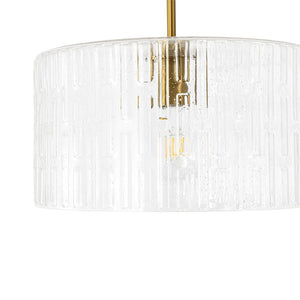 LightFixturesUSA - 1 - Light Clear Striped Glass Drum Semi Flush / Round Cage Pendant - Chandelier - Brass - 