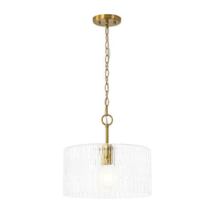 LightFixturesUSA - 1 - Light Clear Striped Glass Drum Semi Flush / Round Cage Pendant - Chandelier - Brass - 