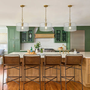 LightFixturesUSA - 1 - Light Clear Striped Glass Drum Semi Flush / Round Cage Pendant - Chandelier - Brass - 