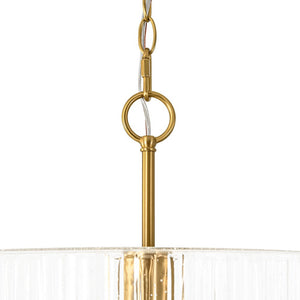 LightFixturesUSA - 1 - Light Clear Striped Glass Drum Semi Flush / Round Cage Pendant - Chandelier - Brass - 
