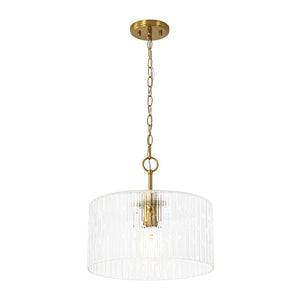 LightFixturesUSA - 1 - Light Clear Striped Glass Drum Semi Flush / Round Cage Pendant - Chandelier - Brass - 