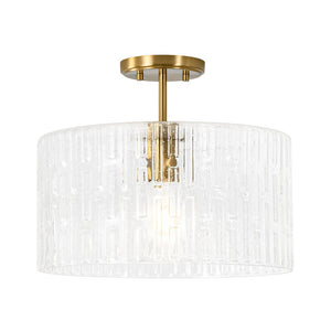LightFixturesUSA - 1 - Light Clear Striped Glass Drum Semi Flush / Round Cage Pendant - Chandelier - Brass - 