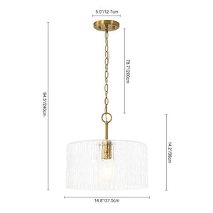LightFixturesUSA - 1 - Light Clear Striped Glass Drum Semi Flush / Round Cage Pendant - Chandelier - Brass - 