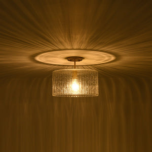 LightFixturesUSA - 1 - Light Clear Striped Glass Drum Semi Flush / Round Cage Pendant - Chandelier - Brass - 