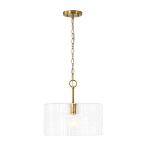 LightFixturesUSA - 1 - Light Clear Striped Glass Drum Semi Flush / Round Cage Pendant - Chandelier - Brass - 