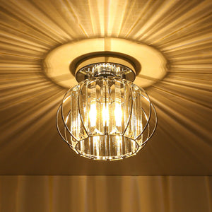 LightFixturesUSA-1-Light Dazzled Crystal Round Mini Cage Chrome Semi Flush Mount-Ceiling Light-1 Pack-